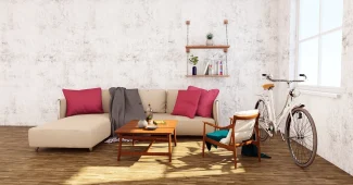 Salon lumineux et épuré aux murs neutres, mobilier discret et surfaces dégagées