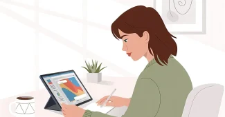 Main d'une personne utilisant un outil de design IA sur une tablette dans un espace de travail moderne