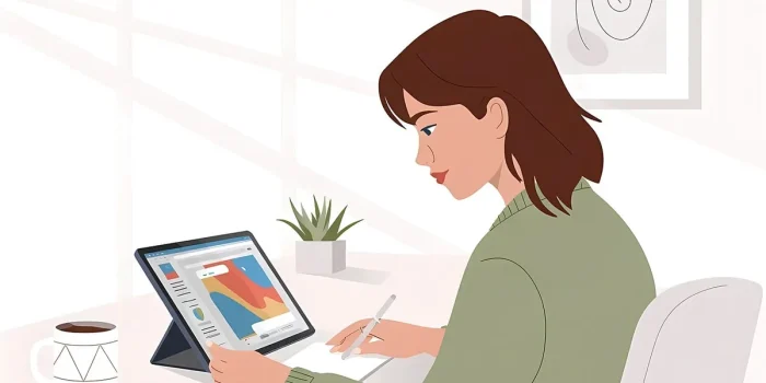Main d'une personne utilisant un outil de design IA sur une tablette dans un espace de travail moderne
